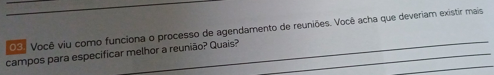 Você viu como funciona o processo de agendamento de reuniões. Você acha que deveriam existir mais 
_ 
campos para especificar melhor a reunião? Quais?___