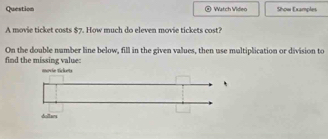 Question Watch Video Show Examples 
A movie ticket costs $7. How much do eleven movie tickets cost? 
On the double number line below, fill in the given values, then use multiplication or division to 
find the missing value: