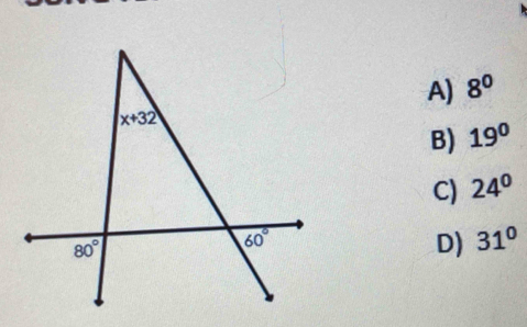 A) 8^0
B) 19°
C) 24°
D) 31°