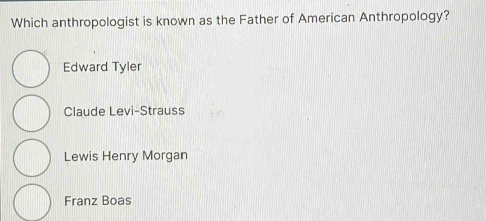 Which anthropologist is known as the Father of American Anthropology?
Edward Tyler
Claude Levi-Strauss
Lewis Henry Morgan
Franz Boas