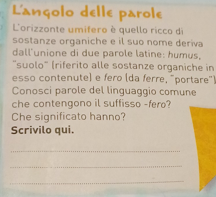 L'ançolo delle parole 
L'orizzonte umifero è quello ricco di 
sostanze organiche e il suo nome deriva 
dall'unione di due parole latine: humus, 
“suolo” (riferito alle sostanze organiche in 
esso contenute) e fero (da ferre, “portare”) 
Conosci parole del linguaggio comune 
che contengono il suffisso -fero? 
Che significato hanno? 
Scrivilo qui. 
_ 
_ 
_