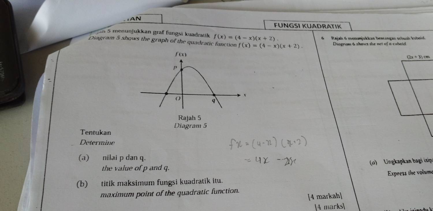 AN
FÜNGSI KUADRATIK
n 5 menunjukkan graf fungsi kuadratik f(x)=(4-x)(x+2).
6 Rajah 6 menunjukkan bentangan sebuah kuboid.
Diagram 5 shows the graph of the quadratic function f(x)=(4-x)(x+2).
Diagram 6 shows the net of a cuboid
Rajah 5
Diagram 5
Tentukan
Determine
(a) nilai p dan q.
()   Ungkapkan bagi isip
the value of p and q.
(b) titik maksimum fungsi kuadratik itu. Express the volume
maximum point of the quadratic function.
[4 markah]
4 marks