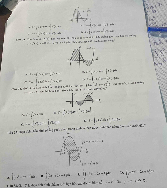 A. S=∈tlimits 'f(x)dx+∈tlimits^1f(x)dx. B. S=-∈tlimits _(-1)^1f(x)dx-∈tlimits _1^(2f(x)dx.
C. S=-∈tlimits _(-1)^1f(x)dx+∈tlimits _1^3f(x)dx. D. S=∈tlimits _0^1f(x)dx-∈tlimits _1^1f(x)dx.
Câu 30. Cho hàm số f(x) liên tục trên R. Gọi S là diện tích hình phẳng giới hạn bởi cá đường
y=f(x),y=0,x=-2 và x=3 (như hình vẽ). Mệnh đề nào dưới đây đúng?
A. S=-∈tlimits ^1)f(x)dx-∈tlimits _0^(1f(x)dx. B. S=∈tlimits _(-2)^1f(x)dx-∈tlimits _1^3f(x)dx.
C. S=-∈tlimits _(-1)^1f(x)dx+∈tlimits _1^1f(x)dx. D. S=∈tlimits _(-2)^1f(x)dx+∈tlimits _1^2f(x)dx.
Câu 31. Gọi S là diện tích hình phẳng giới hạn bởi đồ thị hàm số y=f(x) , trục hoành, đường thắng
x=a,x=b (như hình vẽ bên). Hỏi cách tính S nào dưới đây đúng?
A. S=∈tlimits _a^bf(x)dx. B. S=|∈tlimits _a^cf(x)dx+∈tlimits _c^bf(x)dx|.
C. S=-∈tlimits _a^cf(x)dx+∈tlimits _a^bf(x)dx. D. S=∈tlimits _a^cf(x)dx+∈tlimits _c^bf(x)dx.
Câu 32. Diện tích phần hình phẳng gạch chéo trong hình vẽ bên được tính theo công thức nào dưới đây?
A. ∈tlimits _(-1)^2(2x^2)-2x-4)dx. B. ∈tlimits^2(2x^2+2x-4)dx. C. ∈t _1^(2(-2x^2)+2x+4)dx. D. ∈tlimits _(-1)^2(-2x^2-2x+4)dx.
Câu 33. Gọi S là diện tích hình phẳng giới hạn bởi các đồ thị hàm số: y=x^3-3x,y=x. Tinh S .