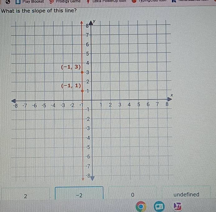 Play Blooket Prodigy Gamé Lexa Powerup 1con
What is the slope of this line?
2 undefined
-2
0
