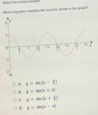 Select the correct answer .
Which equation matches the function shown in the graph?
A. y=sin (x- x/3 )
B. y=sin (x+x)
C. y=sin (x+ x/2 )
D. y=sin (x-π )