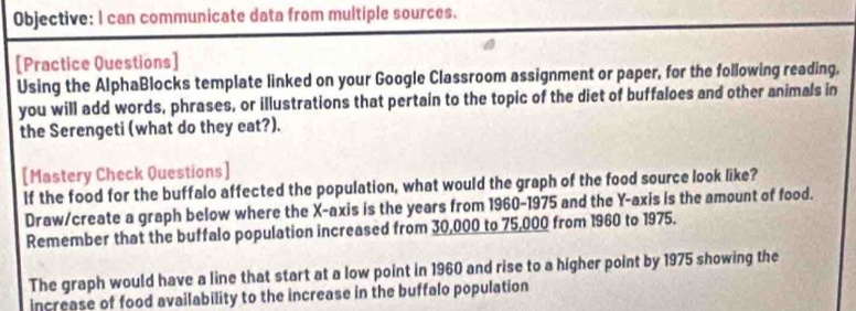 Objective: I can communicate data from multiple sources. 
[Practice Questions] 
Using the AlphaBlocks template linked on your Google Classroom assignment or paper, for the following reading, 
you will add words, phrases, or illustrations that pertain to the topic of the diet of buffaloes and other animals in 
the Serengeti (what do they eat?). 
[Mastery Check Questions] 
lf the food for the buffalo affected the population, what would the graph of the food source look like? 
Draw/create a graph below where the X-axis is the years from 1960-1975 and the Y-axis is the amount of food. 
Remember that the buffalo population increased from 30,000 to 75,000 from 1960 to 1975. 
The graph would have a line that start at a low point in 1960 and rise to a higher point by 1975 showing the 
increase of food availability to the increase in the buffalo population