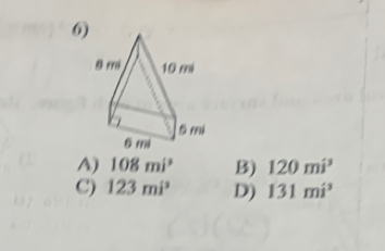 A) 108mi^3 B) 120mi^3
C) 123mi^3 D) 131mi^3