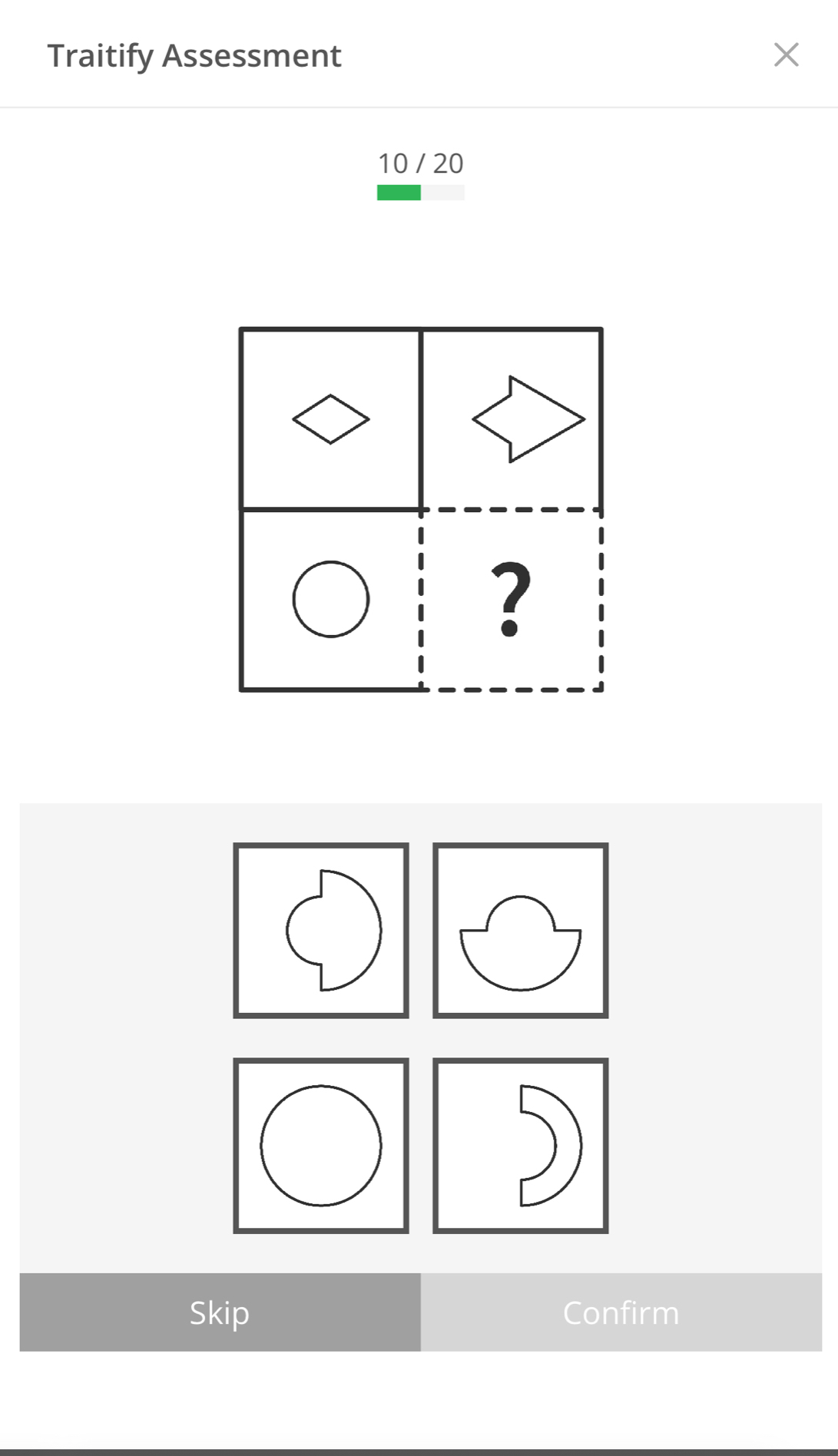 Solved: Traitify Assessment 10 / 20 Skip Confirm [Others]