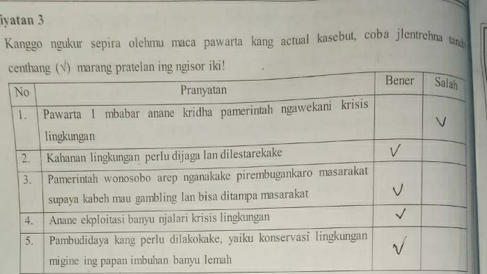 iyatan 3 
Kanggo ngukur sepira olehmu maca pawarta kang actual kasebut, coba jlentrehna tand