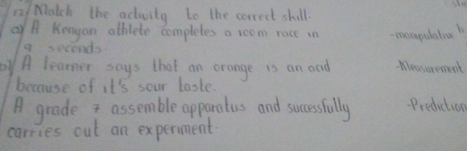 7/ Match the activity to the correct shill. 
A Kengon abblete completes a zoom race in -mompulatio h 
a seconds. 
A learner says that an orange is an and Measurement 
because of it's sour laste. 
A grade assemble apparatus and successfully Prediction 
carries out an experment