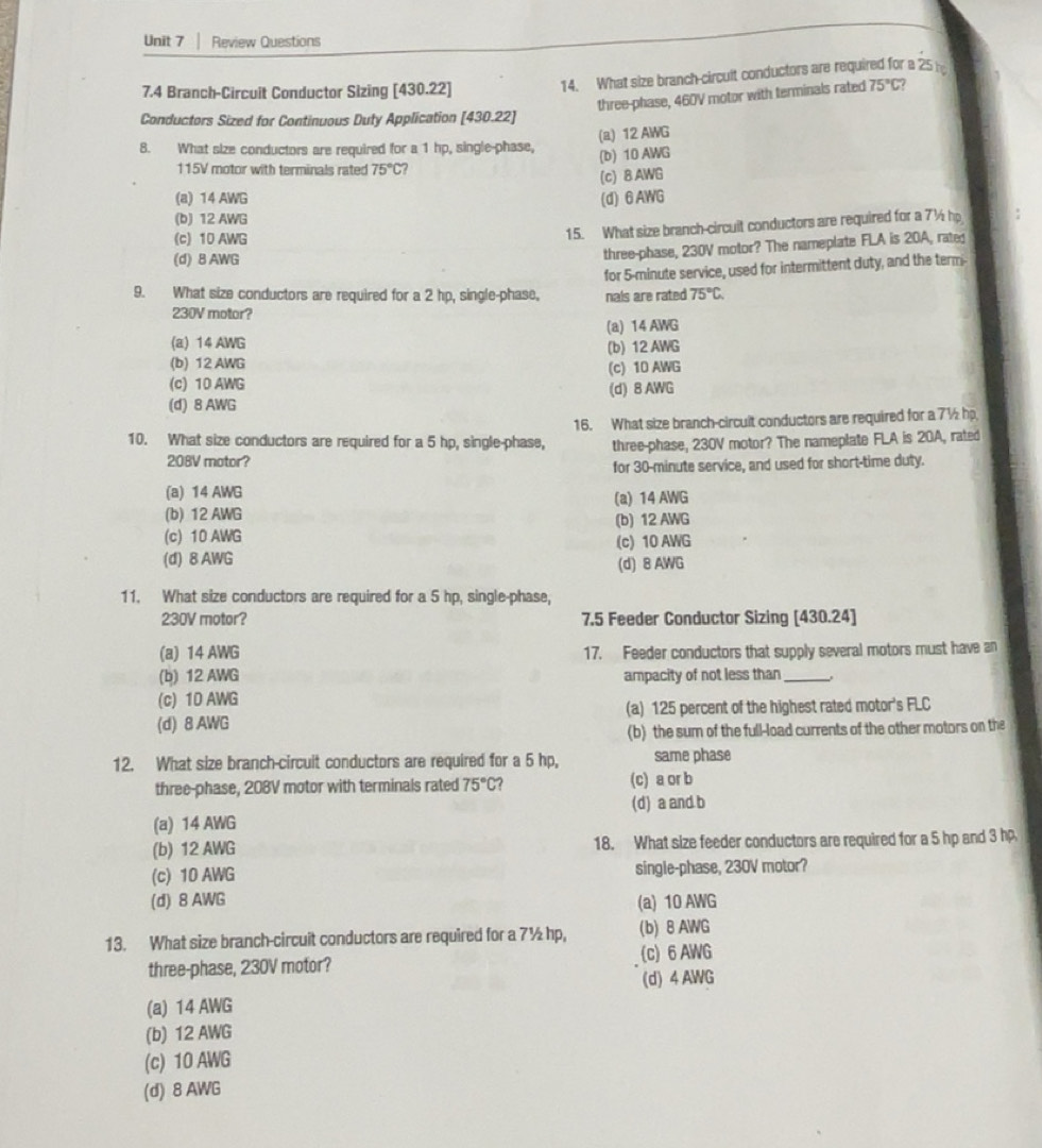 Solved: Review Questions 7.4 Branch-Circuit Conductor Sizing [430.22 ...