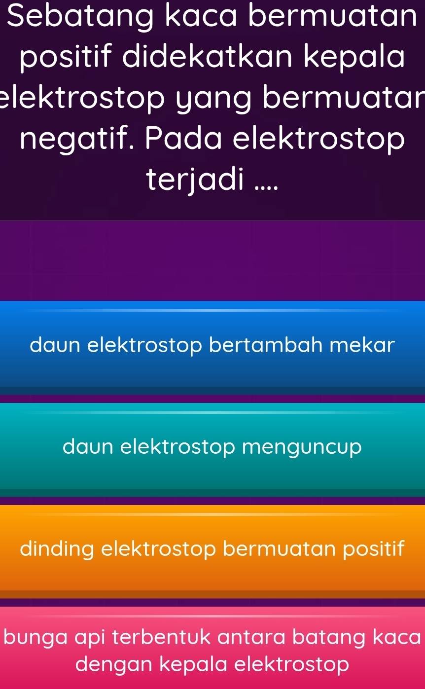 Sebatang kaca bermuatan
positif didekatkan kepala
elektrostop yang bermuatar
negatif. Pada elektrostop
terjadi ....
daun elektrostop bertambah mekar
daun elektrostop menguncup
dinding elektrostop bermuatan positif
bunga api terbentuk antara batang kaca
dengan kepala elektrostop