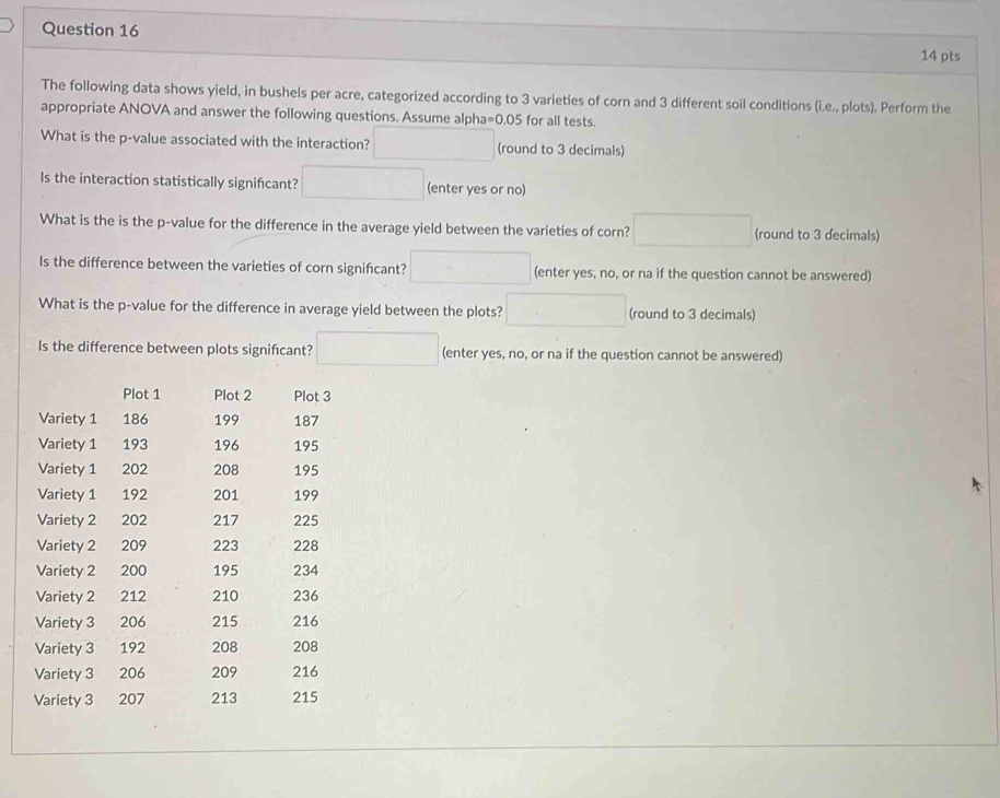 The following data shows yield, in bushels per acre, categorized according to 3 varieties of corn and 3 different soil conditions (i.e., plots). Perform the 
appropriate ANOVA and answer the following questions. Assume alpha=0.05 for all tests. 
What is the p -value associated with the interaction? □ (round to 3 decimals) 
Is the interaction statistically signifcant? □ (enter yes or no) 
What is the is the p -value for the difference in the average yield between the varieties of corn? □ (round to 3 decimals) 
Is the difference between the varieties of corn signifcant? □ (enter yes, no, or na if the question cannot be answered) 
What is the p -value for the difference in average yield between the plots? □ (round to 3 decimals) 
Is the difference between plots signifcant? □ (enter yes, no, or na if the question cannot be answered) 
Plot 1 Plot 2 Plot 3
Variety 1 186 199 187
Variety 1 193 196 195
Variety 1 202 208 195
Variety 1 192 201 199
Variety 2 202 217 225
Variety 2 209 223 228
Variety 2 200 195 234
Variety 2 212 210 236
Variety 3 206 215 216
Variety 3 192 208 208
Variety 3 206 209 216
Variety 3 207 213 215