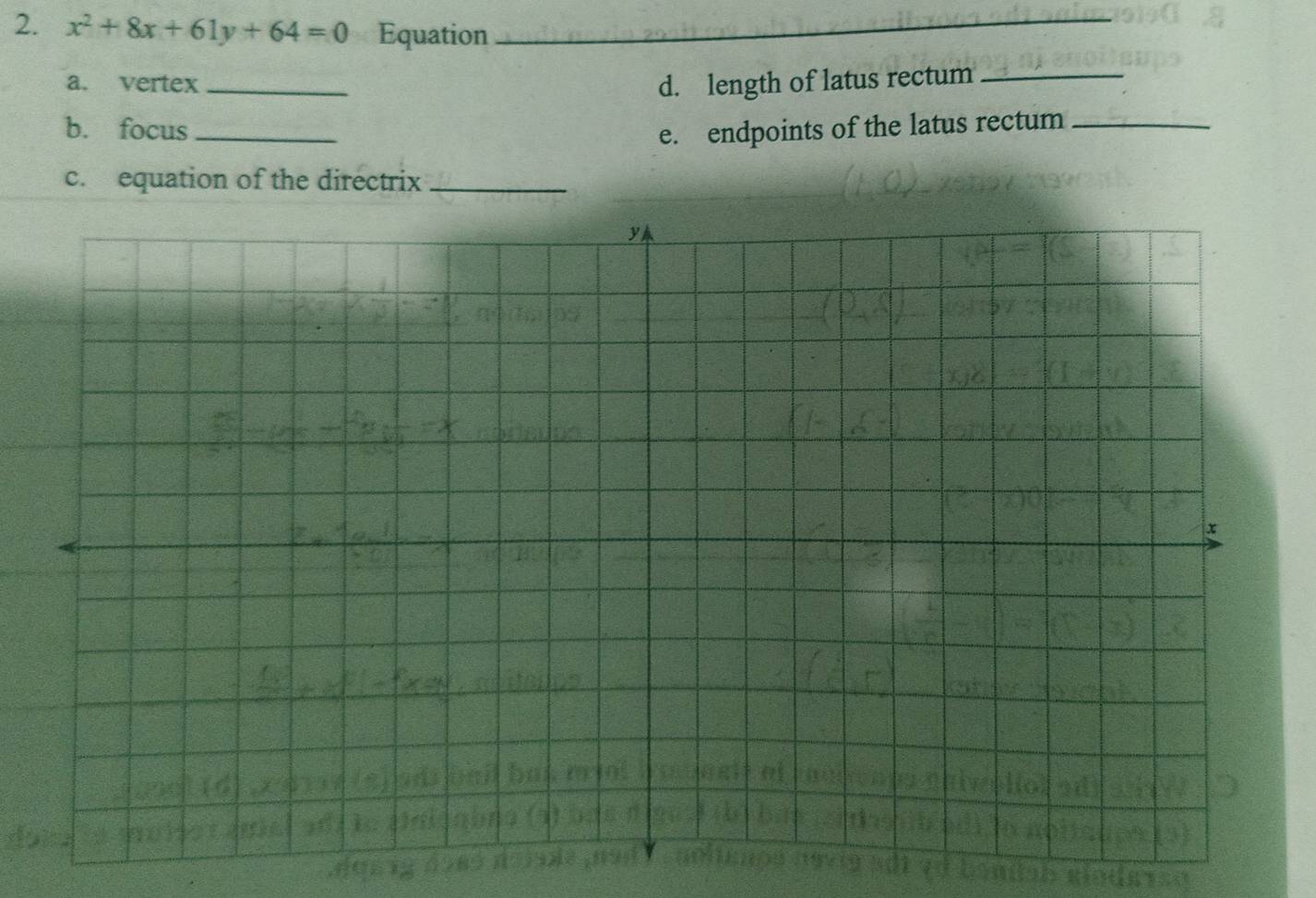 x^2+8x+61y+64=0 Equation_ 
a. vertex _d. length of latus rectum_ 
b. focus _e. endpoints of the latus rectum_ 
c. equation of the directrix_