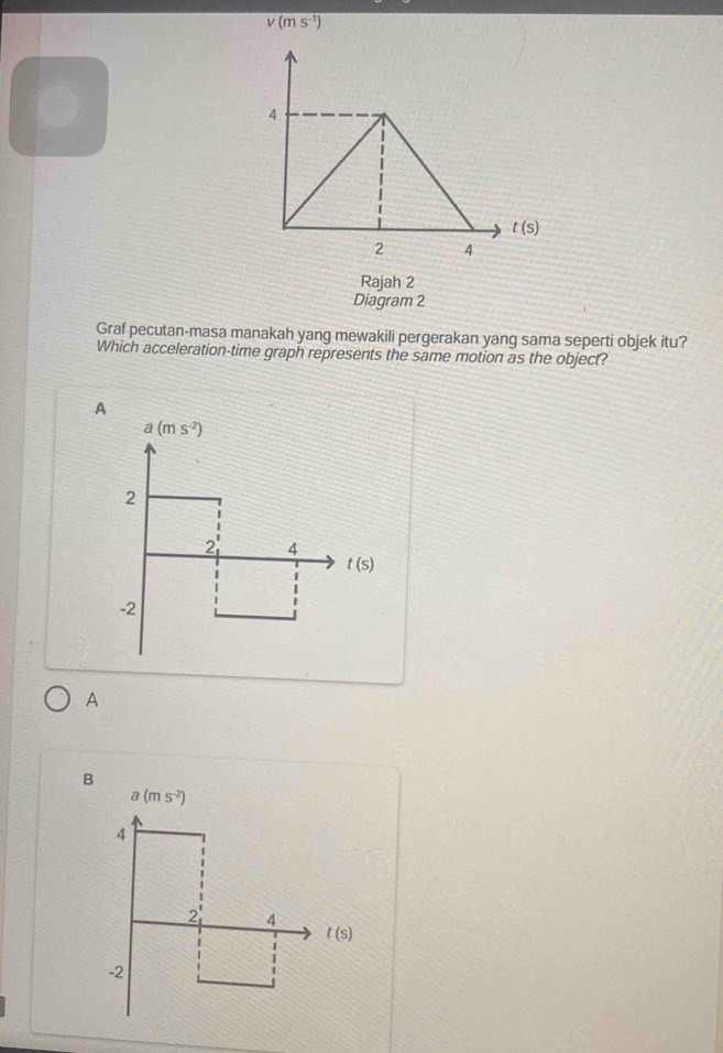 v(ms^(-1))
U
Rajah 2
Diagram 2
Graf pecutan-masa manakah yang mewakili pergerakan yang sama seperti objek itu?
Which acceleration-time graph represents the same motion as the object?
A
a(ms^(-2))
2
2 4
t(s)
-2
A
t(s)