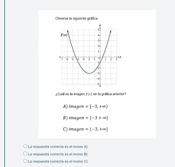 Observa la siguiente gráfica
¿Cuál es la imagen f(x) en la gráfica anterior?
A) imagen =[-3,+∈fty )
B)imagen =[-3+∈fty ]
C) imagen =(-3,+∈fty ]
La respuesta correcta es el inciso A)
La respuesta correcta es el inciso B)
La respuesta correcta es el inciso C)