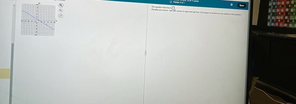 9 9 %, 12 of 17 poit 
The equatian of the lins°D
(Simplify your arswer. Type your answer in slope intercept form. Use integers or fractions for any numbers in the equation