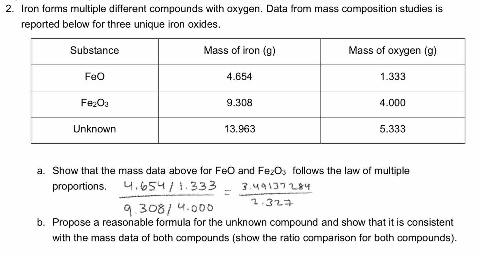 Iron forms multiple different compounds with oxygen. Data from mass composition studies is
reported below for three unique iron oxides.
a. Show that the mass data above for FeO and Fe_2O_3 follows the law of multiple
proportions.
b. Propose a reasonable formula for the unknown compound and show that it is consistent
with the mass data of both compounds (show the ratio comparison for both compounds).