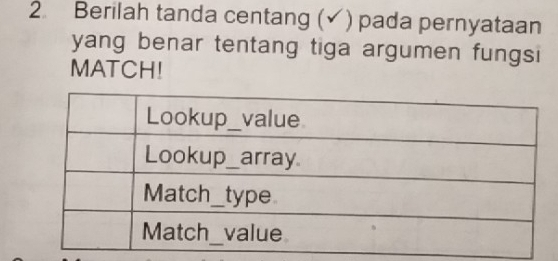 Berilah tanda centang (✓) pada pernyataan 
yang benar tentang tiga argumen fungsi 
MATCH!