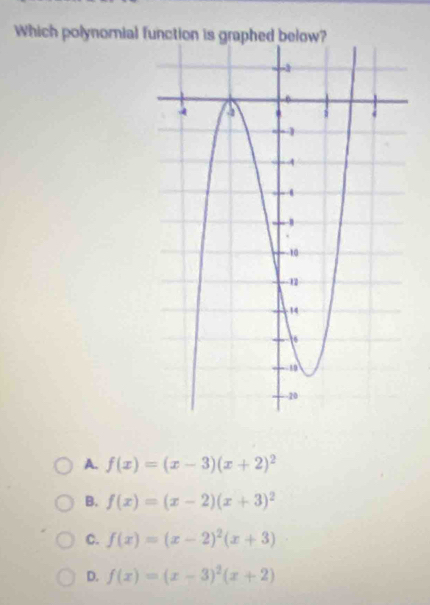 Which polynomial function
A. f(x)=(x-3)(x+2)^2
B. f(x)=(x-2)(x+3)^2
C. f(x)=(x-2)^2(x+3)
D. f(x)=(x-3)^2(x+2)