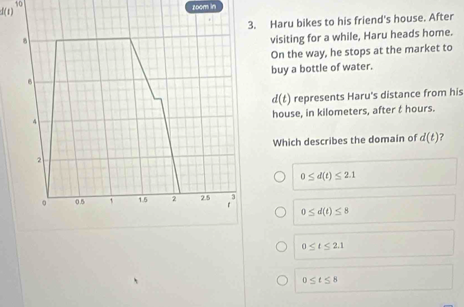 10
d(t) zoom in
3. Haru bikes to his friend's house. After
a
visiting for a while, Haru heads home.
On the way, he stops at the market to
6 buy a bottle of water.
d(t) represents Haru's distance from his
house, in kilometers, after t hours.
4
Which describes the domain of d(t) ?
2
0≤ d(t)≤ 2.1
0 0.5 1 1.5 2 2.5 3
1
0≤ d(t)≤ 8
0≤ t≤ 2.1
0≤ t≤ 8