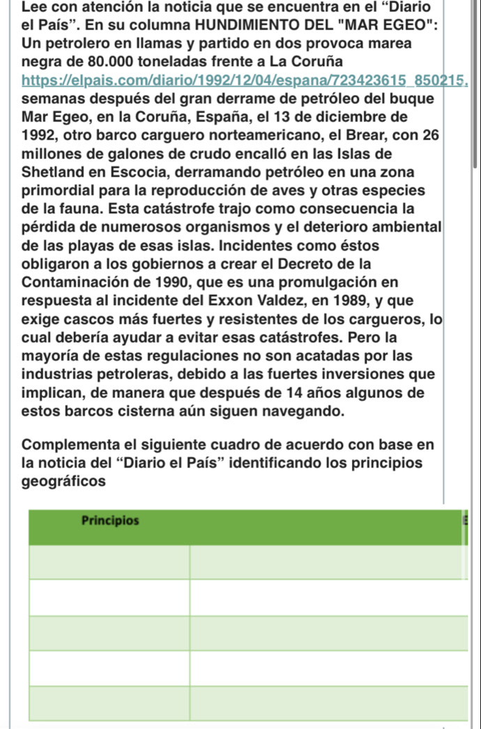 Lee con atención la noticia que se encuentra en el “Diario 
el País'. En su columna HUNDIMIENTO DEL "MAR EGEO": 
Un petrolero en llamas y partido en dos provoca marea 
negra de 80.000 toneladas frente a La Coruña 
https://elpais.com/diario/1992/12/04/espana/723423615 850215. 
semanas después del gran derrame de petróleo del buque 
Mar Egeo, en la Coruña, España, el 13 de diciembre de 
1992, otro barco carguero norteamericano, el Brear, con 26
millones de galones de crudo encalló en las Islas de 
Shetland en Escocia, derramando petróleo en una zona 
primordial para la reproducción de aves y otras especies 
de la fauna. Esta catástrofe trajo como consecuencia la 
pérdida de numerosos organismos y el deterioro ambiental 
de las playas de esas islas. Incidentes como éstos 
obligaron a los gobiernos a crear el Decreto de la 
Contaminación de 1990, que es una promulgación en 
respuesta al incidente del Exxon Valdez, en 1989, y que 
exige cascos más fuertes y resistentes de los cargueros, lo 
cual debería ayudar a evitar esas catástrofes. Pero la 
mayoría de estas regulaciones no son acatadas por las 
industrias petroleras, debido a las fuertes inversiones que 
implican, de manera que después de 14 años algunos de 
estos barcos cisterna aún siguen navegando. 
Complementa el siguiente cuadro de acuerdo con base en 
la noticia del “Diario el País” identificando los principios 
geográficos