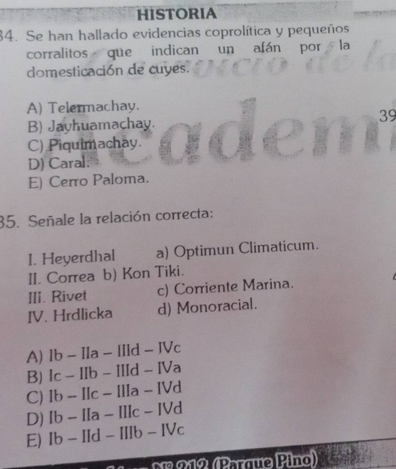 HISTORIA
34. Se han hallado evidencias coprolítica y pequeños
corralitos que indican un afán por la
domesticación de cuyes.
A) Telermachay.
39
B) Jayhuamachay.
C) Piquimachay.
D) Caral.
E) Cerro Paloma.
35. Señale la relación correcta:
I. Heyerdhal a) Optimun Climaticum.
II. Correa b) Kon Tiki.
III. Rivet c) Corriente Marina.
IV. Hrdlicka d) Monoracial.
A) lb-IIa-IIId-IVc
B) Ic-IIb-IIId-IVa
C) Ib-IIc-IIIa-IVd
D) Ib-IIa-IIIc-IVd
E) Ib-IId-IIIb-IVc
Nº 212 (Pargue Pino)