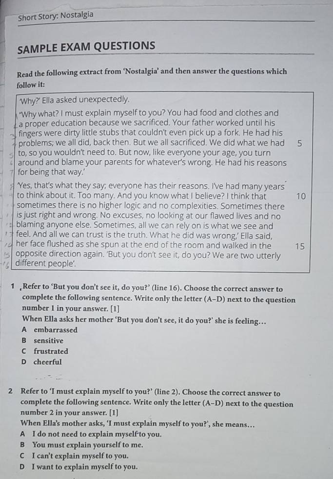 Solved: Short Story: Nostalgia SAMPLE EXAM QUESTIONS Read the following ...