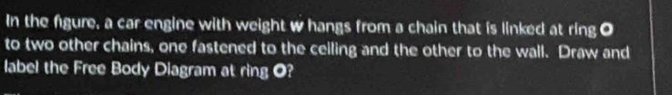 In the figure, a car engine with weight w hangs from a chain that is linked at ring O
to two other chains, one fastened to the celling and the other to the wall. Draw and 
label the Free Body Diagram at ring O?