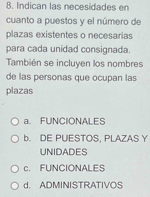 Indican las necesidades en
cuanto a puestos y el número de
plazas existentes o necesarias
para cada unidad consignada.
También se incluyen los nombres
de las personas que ocupan las
plazas
a. FUNCIONALES
b. DE PUESTOS, PLAZAS Y
UNIDADES
c. FUNCIONALES
d. ADMINISTRATIVOS