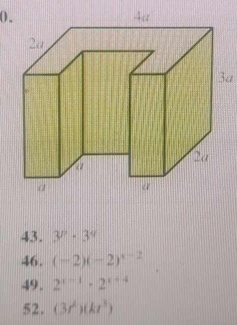 3^p· 3^q
46. (-2)(-2)^x-2
49. 2^(x-1)· 2^(x+4)
52. (3t^4)(kt^3)