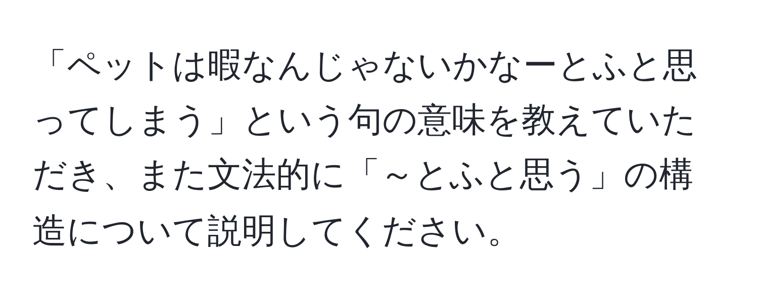 「ペットは暇なんじゃないかなーとふと思ってしまう」という句の意味を教えていただき、また文法的に「～とふと思う」の構造について説明してください。