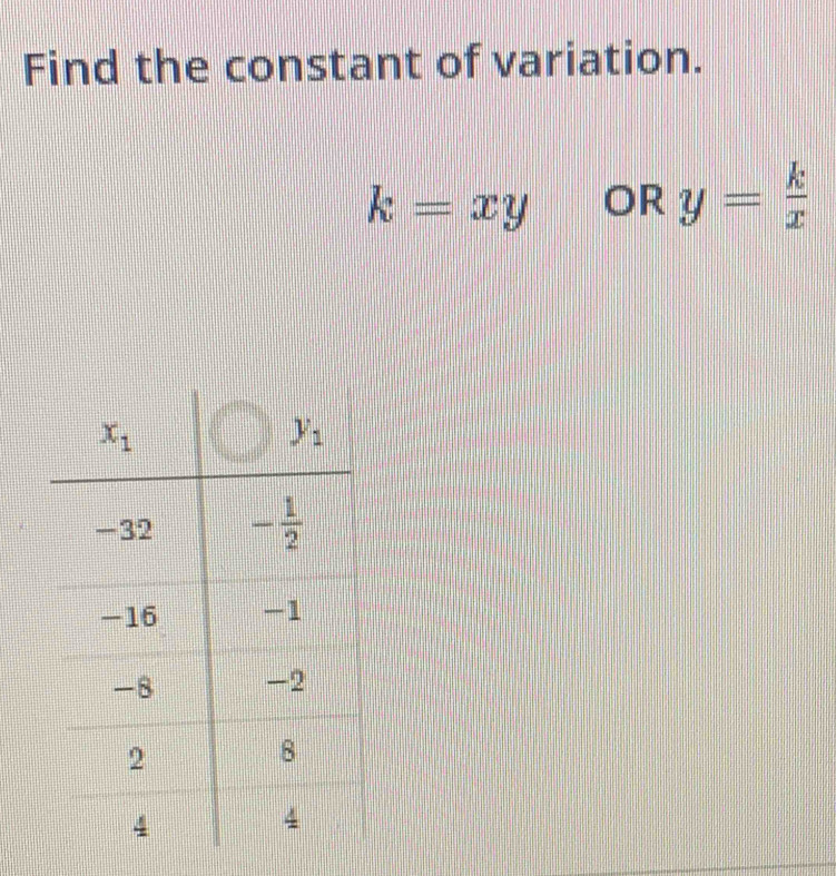 Find the constant of variation.
k=xy OR y= k/x 