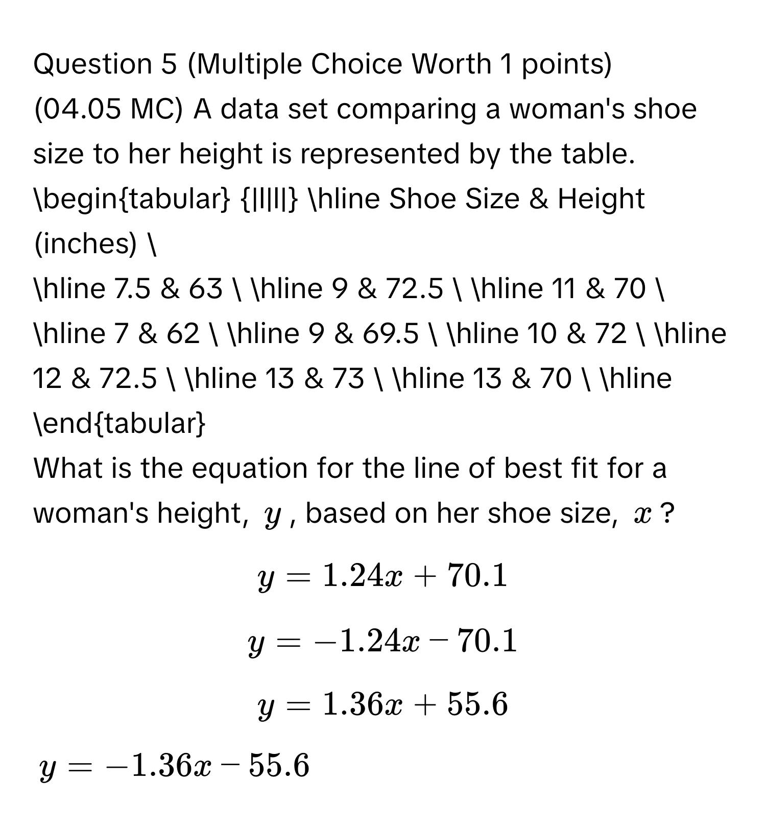 (Multiple Choice Worth 1 points)
(04.05 MC) A data set comparing a woman's shoe size to her height is represented by the table. 
begintabular |l|l| hline Shoe Size & Height (inches) 
hline 7.5 & 63  hline 9 & 72.5  hline 11 & 70  hline 7 & 62  hline 9 & 69.5  hline 10 & 72  hline 12 & 72.5  hline 13 & 73  hline 13 & 70  hline endtabular 
What is the equation for the line of best fit for a woman's height, $y$, based on her shoe size, $x$?
$y = 1.24x + 70.1$
$y = -1.24x - 70.1$
$y = 1.36x + 55.6$
$y = -1.36x - 55.6$