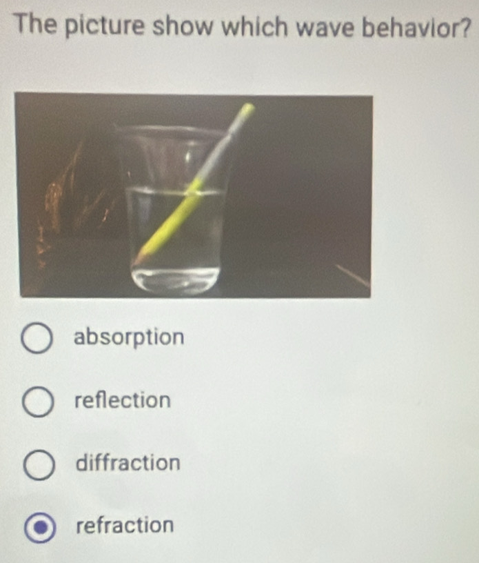 The picture show which wave behavior?
absorption
reflection
diffraction
refraction