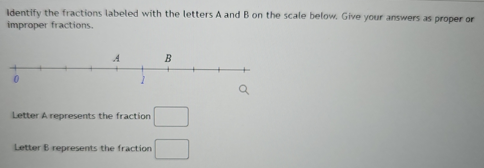 Identify the fractions labeled with the letters A and B on the scale below. Give your answers as proper or 
improper fractions. 
Letter A represents the fraction □
Letter B represents the fraction □