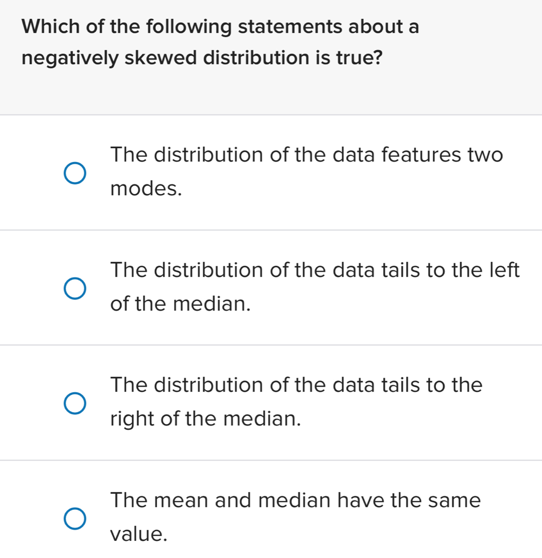 Solved: Which of the following statements about a negatively skewed ...