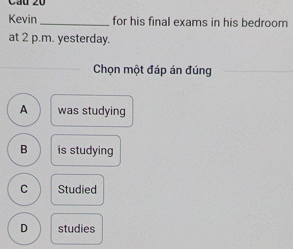 Cau 20
Kevin _for his final exams in his bedroom
at 2 p.m. yesterday.
Chọn một đáp án đúng
A was studying
B is studying
C Studied
D studies