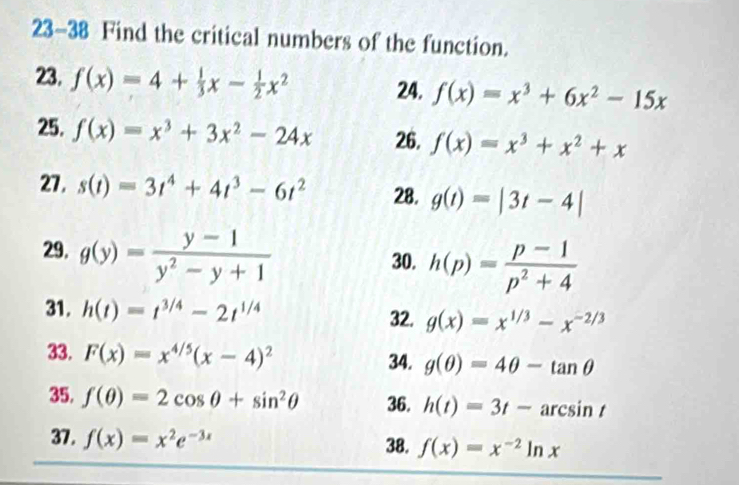 23-38 Find the critical numbers of the function. 
23. f(x)=4+ 1/3 x- 1/2 x^2 24. f(x)=x^3+6x^2-15x
25. f(x)=x^3+3x^2-24x 26. f(x)=x^3+x^2+x
27. s(t)=3t^4+4t^3-6t^2 28. g(t)=|3t-4|
29. g(y)= (y-1)/y^2-y+1 
30. h(p)= (p-1)/p^2+4 
31. h(t)=t^(3/4)-2t^(1/4)
32. g(x)=x^(1/3)-x^(-2/3)
33. F(x)=x^(4/5)(x-4)^2 34. g(θ )=4θ -tan θ
35. f(θ )=2cos θ +sin^2θ 36. h(t)=3t-arcsin t
37. f(x)=x^2e^(-3x) 38. f(x)=x^(-2)ln x