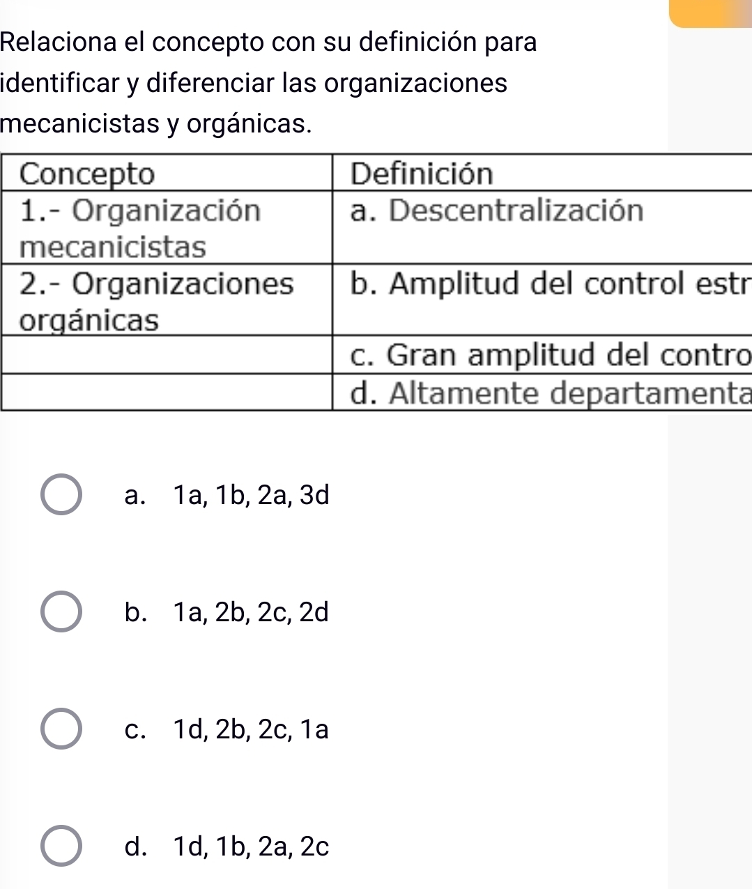 Relaciona el concepto con su definición para
identificar y diferenciar las organizaciones
mecanicistas y orgánicas.
r
o
a
a. 1a, 1b, 2a, 3d
b. 1a, 2b, 2c, 2d
c. 1d, 2b, 2c, 1a
d. 1d, 1b, 2a, 2c