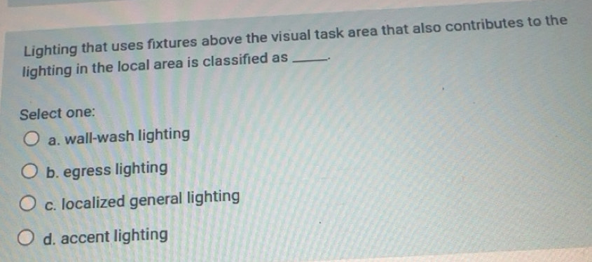Solved: Lighting that uses fixtures above the visual task area that ...