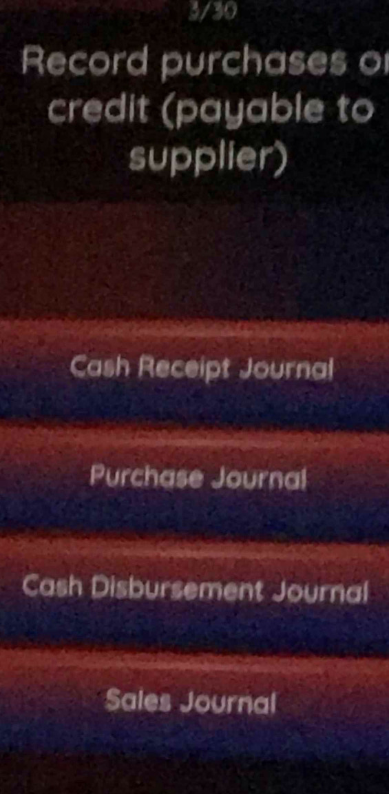 3/30
Record purchases o
credit (payable to
supplier)
Cash Receipt Journal
Purchase Journal
Cash Disbursement Journal
Sales Journal