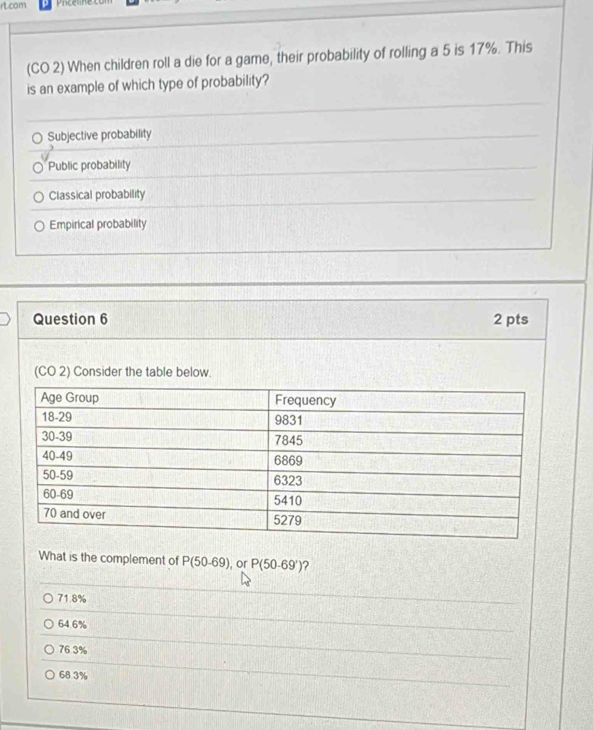 rt.com
(CO 2) When children roll a die for a game, their probability of rolling a 5 is 17%. This
is an example of which type of probability?
Subjective probability
Public probability
Classical probability
Empirical probability
Question 6 2 pts
(CO 2) Consider the table below.
What is the complement of P(50-69) , or P(50-69') ?
71.8%
64.6%
76.3%
68 3%