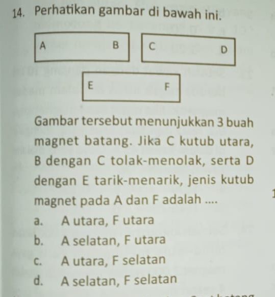 Perhatikan gambar di bawah ini.
A
B C
D
E
F
Gambar tersebut menunjukkan 3 buah
magnet batang. Jika C kutub utara,
B dengan C tolak-menolak, serta D
dengan E tarik-menarik, jenis kutub
magnet pada A dan F adalah ....
a. A utara, F utara
b. A selatan, F utara
c. A utara, F selatan
d. A selatan, F selatan