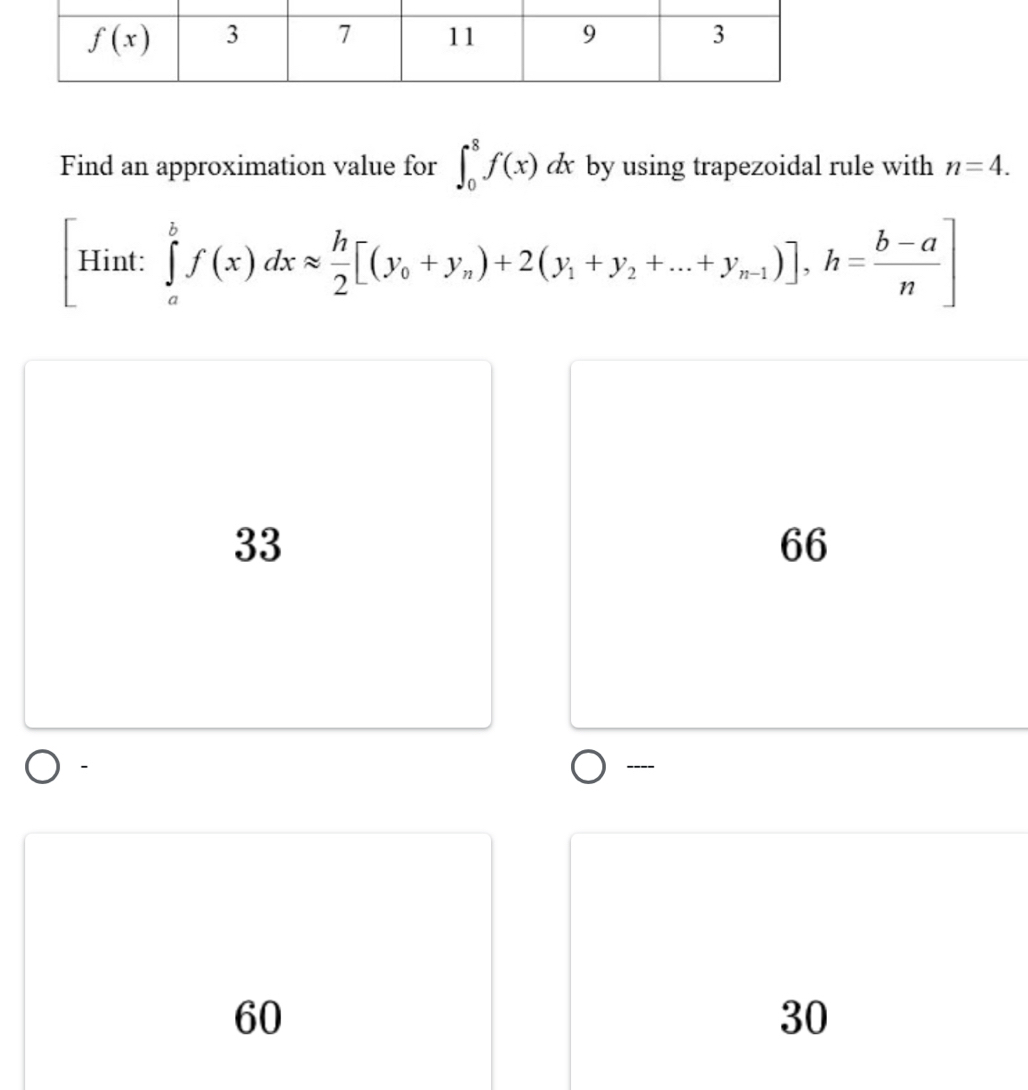 Find an approximation value for ∈t _0^(8f(x)dx by using trapezoidal rule with n=4.
Hint: ∈tlimits _a^bf(x)dxapprox frac h)2[(y_0+y_n)+2(y_1+y_2+...+y_n-1)],h= (b-a)/n ]
33
66
---
60
30