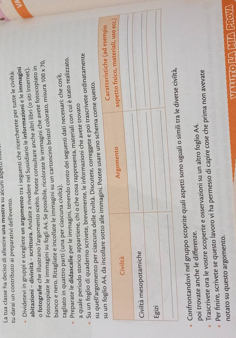 La tua classe ha deciso di allestire una mostra su alcuni aspetti 
tu darai un contributo ai preparativi dell’evento. 
VP 
Dividetevi in gruppi e scegliete un argomento tra i seguenti che ricercherete per tutte le civiltà: 
abitazioni - divinità - scrittura. Andate a rivedere nel Sussidiario le informazioni e le immagini 
o fotografie che illustrano l’argomento scelto. Potete consultare anche altri libri (o siti Internet). 
Fotocopiate le immagini su fogli A4. Se possibile, ricolorate le immagini che avete fotocopiato in 
bianco e nero. Ritagliate e incollate le immagini su un cartoncino bristol colorato, misura 100* 70, 
tagliato in quattro parti (una per ciascuna civiltà). 
Preparate le didascalie per le immagini, tenendo conto dei seguenti dati necessari: che cos’è, 
a quale periodo storico appartiene, chi o che cosa rappresenta, materiali con cui è stato realizzato. 
Su un foglio di quaderno scrivete, brevemente, le informazioni che avete trovato 
nto per ciascuna delle civiltà. Discutete, correggete e poi trascrivete ordinatamente 
a come questo. 
Confrontandovi nel gruppo scoprite quali aspetti sono ug 
poi trovate anche le differenze. 
Trascrivete ora le vostre scoperte e osservazioni su un altro foglio A4. 
Per finire, scrivete se questo lavoro vi ha permesso di capire cose che prima non avevate 
notato su questo argomento. 
VALUTo LA MIA PROVa