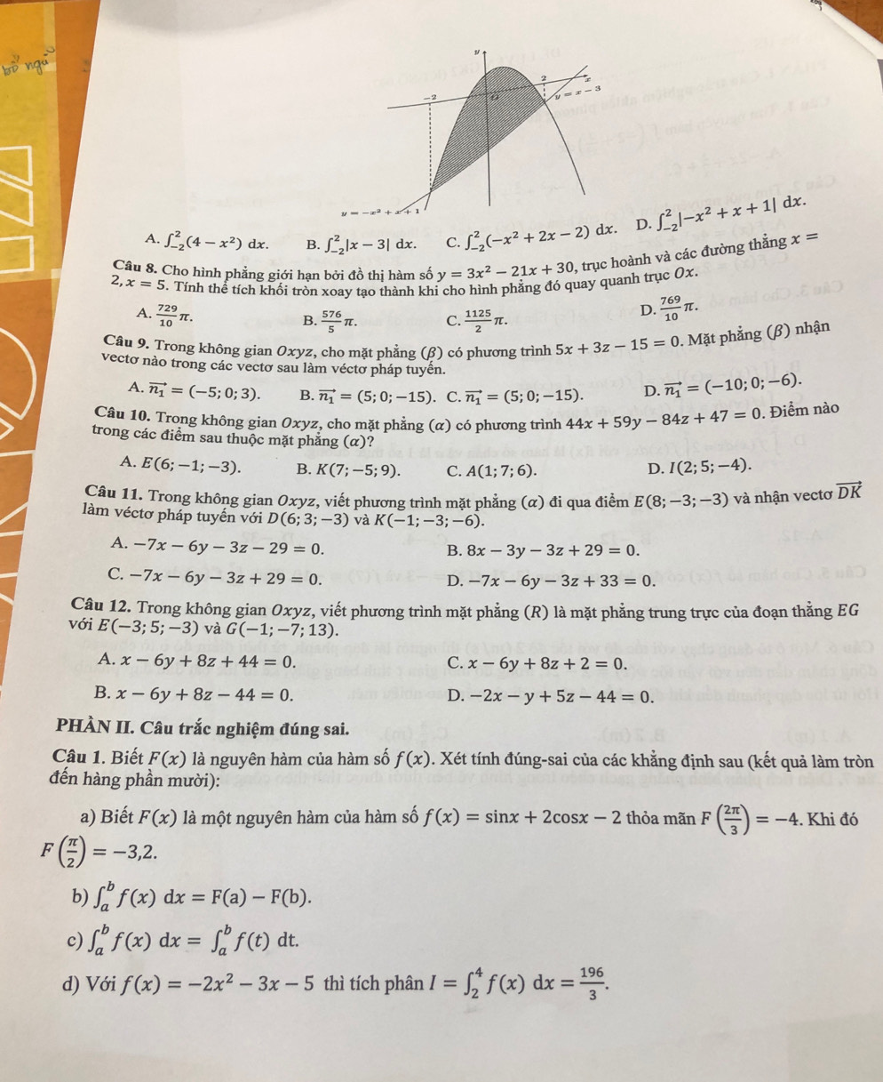 A. ∈t _(-2)^2(4-x^2)dx. B. ∈t _(-2)^2|x-3|dx. C. ∈t _(-2)^2(-x^2+2x-2) dx. D. ∈t _(-2)^2|-x^2+x+1|dx.
Câu 8. Cho hình phẳng giới hạn bởi đồ thị hàm số y=3x^2-21x+30 , trục hoành và các đường thẳng x=
2, x=5 Tính thể tích khối tròn xoay tạo thành khi cho hình phẳng đó quay quanh trục Ox.
A.  729/10 π .
B.  576/5 π . C.  1125/2 π .
D.  769/10 π .
Câu 9. Trong không gian Oxyz, cho mặt phẳng (β) có phương trình 5x+3z-15=0. Mặt phẳng (β) nhận
vectơ nào trong các vectơ sau làm véctơ pháp tuyển.
A. vector n_1=(-5;0;3). B. vector n_1=(5;0;-15). C. vector n_1=(5;0;-15). D. vector n_1=(-10;0;-6).
Câu 10. Trong không gian Oxyz, cho mặt phẳng (α) có phương trình 44x+59y-84z+47=0. Điểm nào
trong các điểm sau thuộc mặt phẳng (α)?
A. E(6;-1;-3). B. K(7;-5;9). C. A(1;7;6). D. I(2;5;-4).
Câu 11. Trong không gian Oxyz, viết phương trình mặt phẳng (α) đi qua điểm E(8;-3;-3) và nhận vectơ vector DK
làm véctơ pháp tuyến với D(6;3;-3) và K(-1;-3;-6).
A. -7x-6y-3z-29=0.
B. 8x-3y-3z+29=0.
C. -7x-6y-3z+29=0.
D. -7x-6y-3z+33=0.
Câu 12. Trong không gian Oxyz, viết phương trình mặt phẳng (R) là mặt phẳng trung trực của đoạn thằng EG
với E(-3;5;-3) và G(-1;-7;13).
A. x-6y+8z+44=0. C. x-6y+8z+2=0.
B. x-6y+8z-44=0. D. -2x-y+5z-44=0.
PHÀN II. Câu trắc nghiệm đúng sai.
Câu 1. Biết F(x) là nguyên hàm của hàm số f(x). Xét tính đúng-sai của các khằng định sau (kết quả làm tròn
đến hàng phần mười):
a) Biết F(x) là một nguyên hàm của hàm số f(x)=sin x+2cos x-2 thỏa mãn F( 2π /3 )=-4. Khi đó
F( π /2 )=-3,2.
b) ∈t _a^(bf(x)dx=F(a)-F(b).
c) ∈t _a^bf(x)dx=∈t _a^bf(t)dt.
d) Với f(x)=-2x^2)-3x-5 thì tích phân I=∈t _2^(4f(x)dx=frac 196)3.
