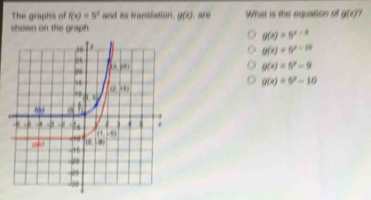 The graphs of f(x)=5^x and its translation. g(x) , are What is the equation of g(x)
shown on the graph
g(x)=5^(x-9)
g(x)=5^x=10
g(x)=6^x-9
g(x)=5^x-10