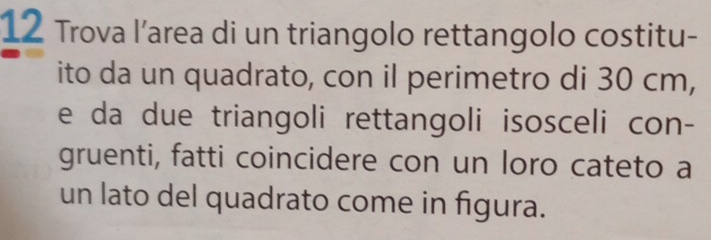 Trova l’area di un triangolo rettangolo costitu- 
ito da un quadrato, con il perimetro di 30 cm, 
e da due triangoli rettangoli isosceli con- 
gruenti, fatti coincidere con un loro cateto a 
un lato del quadrato come in figura.