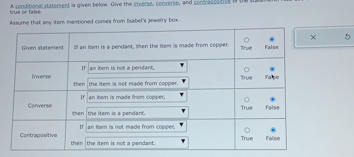 A conditional statement is given below. Give the inverse, converse, and contrapositive of the stat 
true or false. 
Assume that any item mentioned comes from Isabel's jewelry box.